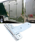 8 Inch Trailer Door Hinge Strap for metal cargo utility RV side door with offset bent design, shown with an enclosed trailer.