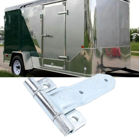 8 Inch Trailer Door Hinge Strap for metal cargo utility RV side door with offset bent design, shown with an enclosed trailer.