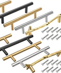 Hella Durable Heavy Duty Stainless Steel Serving Tray Handles Complete Kit With Mounting Screws Cabinet Drawer Hardware Set in gold, black, and silver.