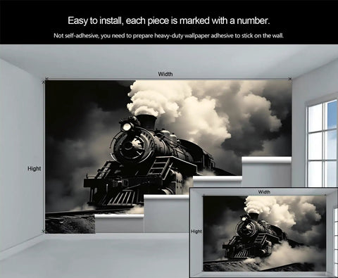 Massive Vintage Steam Train Mural For Living Room Or Bedroom Wall Decor, Retro Locomotive Wallpaper On Thick Silk Cloth, 169x118 inches