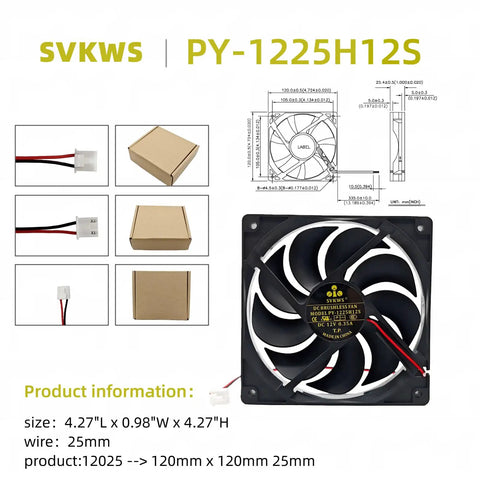 Beefed Up Replacement 3 Pin 9 Blade 12V DC Brushless Ice Maker Fan with wiring and packaging details, size 4.27 inches