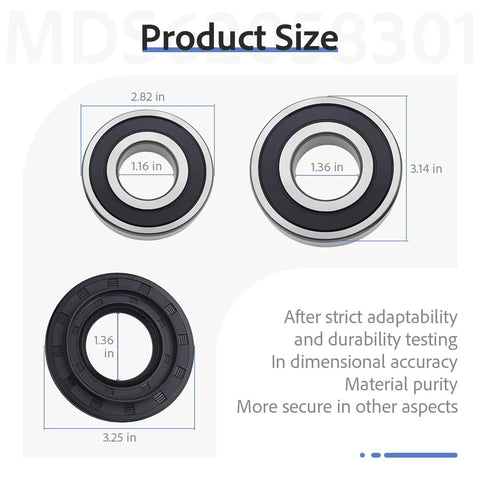 Top Shelf Front Load Washer Tub Bearing And Seal Repair Kit Fits Lg Kenmore Units with dimensions labeled on size chart.