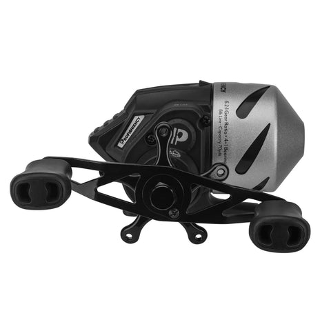 Side view of Sniper Economy Micro Spincast Reel With Clam Pack And Stainless Steel Cone, Lightning 6.2:1 Gear Ratio, 25 IPT.