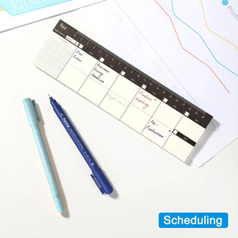 Curve Highlighter Pen Set With Eight Colors And Eight Shapes For Smooth Curved Lines And Fine Tips For Writing Journaling Note Taking Drawing And Scrapbooking Your New Go To School Supplies shown with blue pens and planning sheet on desk.