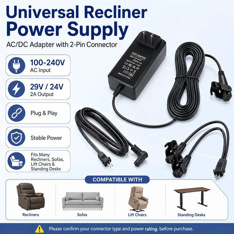 29V 24V 2A Universal Recliner Power Supply Plug In Adapter For Electric Chair Sofa Couch Lift Motor Standing Desk with Y splitter.