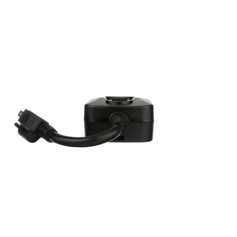 Built Tough Weatherproof Digital Plug In Timer With Two Grounded Outlet Spots For Scheduling Yard Lights And Pool Gear. Side view.