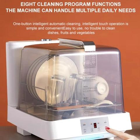 Portable Countertop Dishwasher With Four Wash Cycles And A Slick Bottom Spray Arm Cradles four dishes and glasses inside.