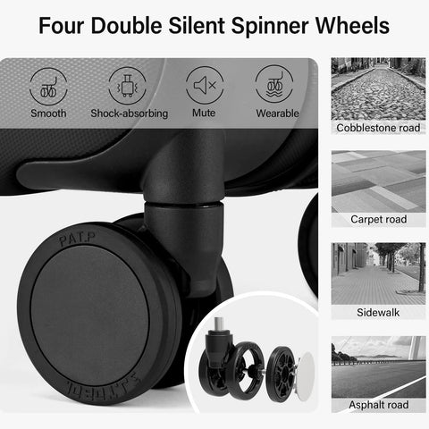 Close-up of black double silent spinner wheels on a 16 Inch Underseat Carry On Luggage With Wheels Hard Shell Mini Suitcase For Airline Travel TSA Approved Lightweight Black Durable Spinner Wheels Carry On Bag That Fits Overhead Or Under Seat This Go To Travel Companion.