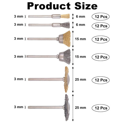 72 Pack Brass And Steel Wire Wheel Brushes Set With One Eighth Inch Shank For Rotary Tools size chart showing brush dimensions