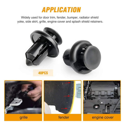 Clean Nylon Fender Clips And Bumper Retainer Kit For Honda And Acura Rides With 40 Pack Expansion Screws shown in use for grille and fender.