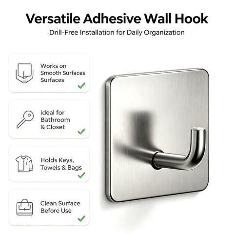 Rock Solid Self Adhesive Wall Hooks Crafted From Premium Stainless Steel For Zero Drill Wall Mounting And Effortless Home Organization With A Smooth Silver Look Set Of Four on smooth surface.
