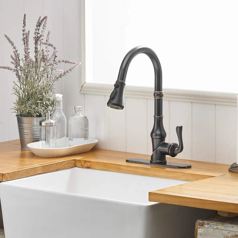 Oil Rubbed Bronze Kitchen Faucet With Pull Out Sprayer, Three Spray Modes, Single Handle, High Arc Design, Built To Last, Deck Plate Included