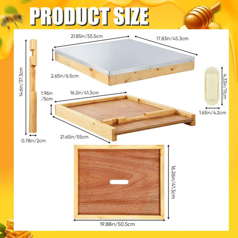 Dimensions of Beekeeping Beehive 3-Piece Parts Kit with Top Cover, Inner Cover, Bottom Board shown; solid wood beeswax finish.