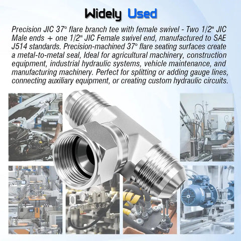 Hardcore Half Inch JIC Hydraulic Tee Adapter With Two Male Ports And One Swivel Female Port 37 Degree SAE J514 Metal To Metal Seal No Teflon Tape Needed Durable High Pressure Fittings For Industrial Hydraulics, 1/2 in steel tee