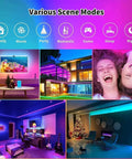 Various scene modes using Two Rolls Of Hundred Feet LED Strip Lights 24V 5050 RGB Color Changing With App Control Music Sync Remote Non Waterproof For Bedroom Gaming Setup And Home Decor, showcasing vibrant indoor lighting in different room setups.