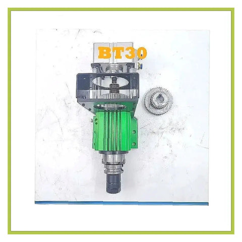 Built Tough Rock Solid Cnc Spindle Assembly With Motor Bracket Makes Bt30 Auto Tool Change Milling Rig Run Sweet High Precision exposed top view of unit with gear.