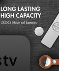Premium CR2032 Lithium Button Coin Cell Batteries 10 Pack For AirTags Key Fobs Calculators Watches Heart Rate Monitors Glucometers Rock Solid Power That Never Quits on a wooden table with Apple TV remote.