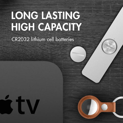 Premium CR2032 Lithium Button Coin Cell Batteries 10 Pack For AirTags Key Fobs Calculators Watches Heart Rate Monitors Glucometers Rock Solid Power That Never Quits on a wooden table with Apple TV remote.