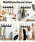Badass Heavy Duty Wall Hooks Slick Black Metal Coat Hanger And Towel Rack in kitchen, bathroom, laundry room, and bedroom settings.