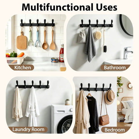 Badass Heavy Duty Wall Hooks Slick Black Metal Coat Hanger And Towel Rack in kitchen, bathroom, laundry room, and bedroom settings.