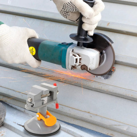 Rotating Small Bench Vise With Quick Release Clamp For Woodworking And Metalworking Portable Table Vise shown with metal grinder