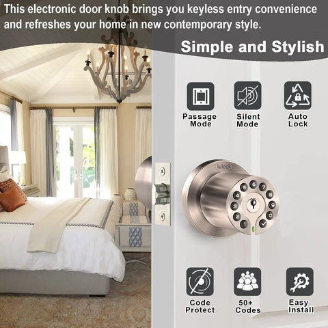 Electronic Door Knob With Backlit Keypad And Keyless Entry, Auto Lock, Waterproof, installed on bedroom door