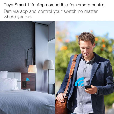 Man using phone to control 3 Way Smart Dimmer Switch With Neutral Wire, No Hub Needed, 2.4G WiFi in hotel room remotely.