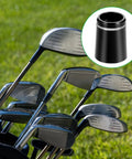 Black Golf Ferrule Set For Irons 12 Pack 0.335 Inch Tip Shaft Sleeve Adapter Durable Plastic Ferrules With Silver Ring All Iron Shaft Compatible Golf Club Accessories on a golf bag with clubs.