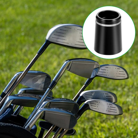 Black Golf Ferrule Set For Irons 12 Pack 0.335 Inch Tip Shaft Sleeve Adapter Durable Plastic Ferrules With Silver Ring All Iron Shaft Compatible Golf Club Accessories on a golf bag with clubs.