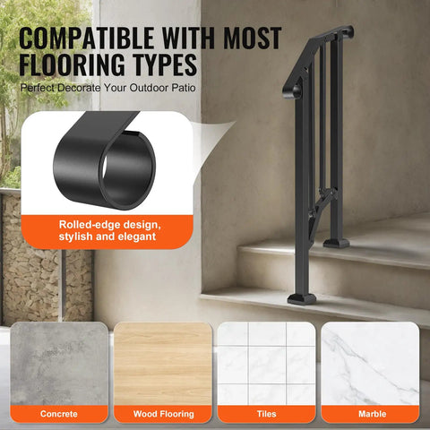 Heavy Carbon Steel Handrails For Outdoor Steps One Step Stair Rail Kit showing rolled-edge design, compatible with concrete and tile floors.