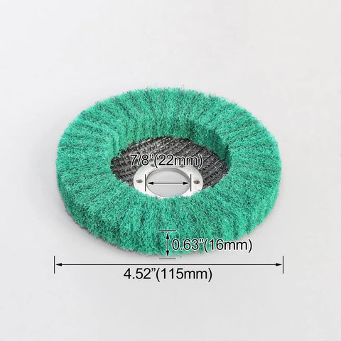 Nylon Fiber Flap Disc Polishing Wheel For Angle Grinder 4.5 Inch By 7/8 Inch, green with size specifications visible.