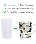 Sublimation Heat Shrink Wrap Sleeves Kit 50 Pieces In 5 Sizes 9x14 8x8 7x11 5x10 4x3 Inch For DIY Tumblers Mugs And More Perfect For Custom Gifts Decals Ornaments And Personalization With Durable White Film Blanks, white shrink sleeve and printed mug