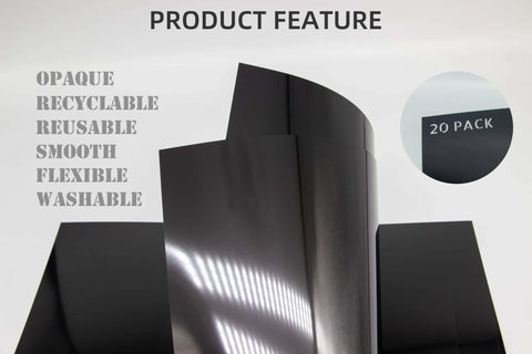 Front view of 20-pack opaque black plastic stencil sheets, 12x12 inches, 7.5 mil