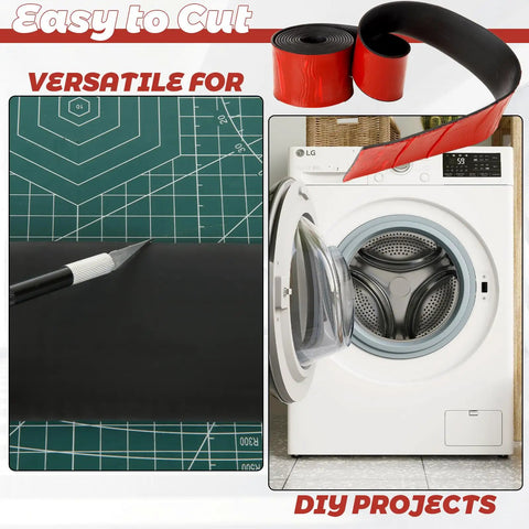 Neoprene Rubber Sheet With Self Adhesive Backing One Eighth Inch Thick Three Inch Wide Ten Feet Long for DIY projects and patching next to washer.