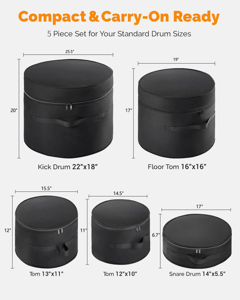 Image of Superior Grade Five Piece Padded Drum Case Set Featuring Hella Heavy Duty Construction for various drum sizes.