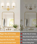 Top Tier Three Light Brushed Gold Vanity Lights With Flared White Fabric Shades Smooth Bathroom Mirror Fixture And Modern Wall Sconces For Bedroom Hallway Decor Upgrade above a mirror.