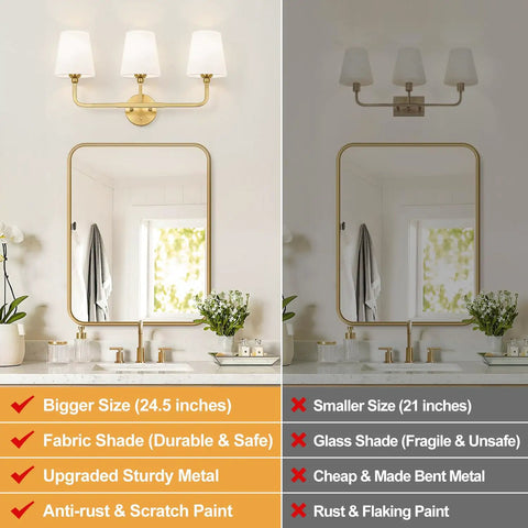 Top Tier Three Light Brushed Gold Vanity Lights With Flared White Fabric Shades Smooth Bathroom Mirror Fixture And Modern Wall Sconces For Bedroom Hallway Decor Upgrade above a mirror.
