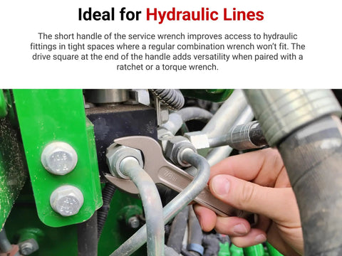 30 mm Service Wrench With 15-Degree Angled Head And Drive Square in use on hydraulic fittings in tight space