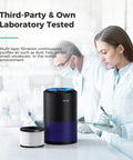 Air Purifier For Bedroom And Office With Sleep Mode And Speed Control, 360 Degree Filtration Cuts Smoke Pollen Dander Hair Odors, Quiet, Easy Setup, MK01 Black with laboratory testing in background