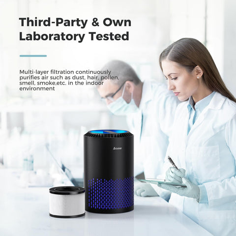 Air Purifier For Bedroom And Office With Sleep Mode And Speed Control, 360 Degree Filtration Cuts Smoke Pollen Dander Hair Odors, Quiet, Easy Setup, MK01 Black with laboratory testing in background