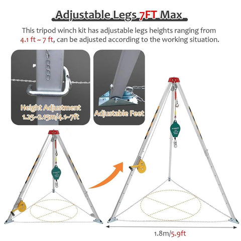 Rock Solid Manhole Rescue Tripod With Heavy Duty Winch And Fall Arrest Gear Built Tough Aluminum Rig for Confined Space Emergencies 7ft max height.