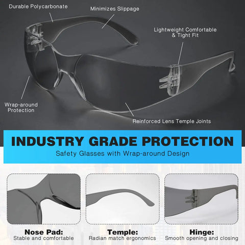 Kickass Wraparound Safety Glasses Bulk Pack For Men And Women Sporting Clear Polycarbonate Lenses with wrap-around design and lightweight fit.