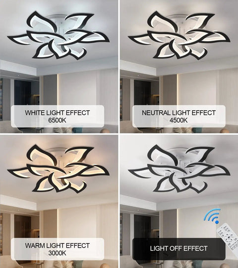 Modern LED Square Dimmable Ceiling Light Fixture With Remote Control showing four light effects: 6500K, 4500K, 3000K, and off.