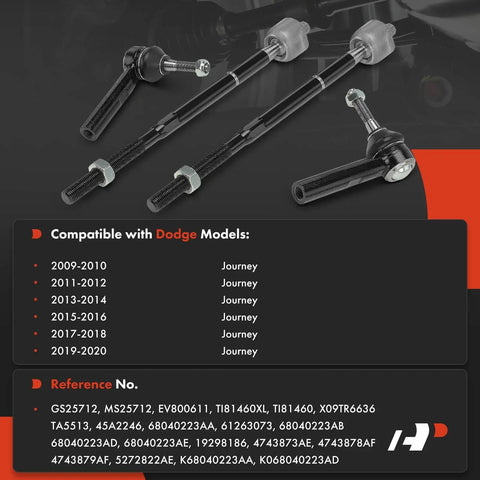 Front Inner And Outer Tie Rod End Kit For Dodge Journey 2009 Through 2020 Direct Fit Replacement To Fix Loose Steering Squeaky Clunky Noises And Unstable Handling With Durable Alloy Steel Joints For An Easy Install And A Smoother Ride, 4pc kit