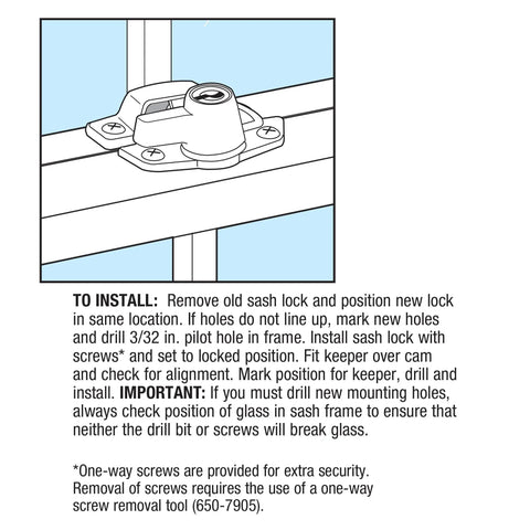 Diagram showing installation of Keyed Sash Lock For Aluminum Vinyl Or Wood Double Hung Windows With Two Inch Hole Centers