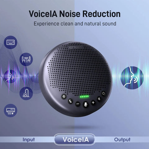 All In One Conference Speakerphone With Eight Mic Array Plus Satellite Mic, 360 Degree Voice Pickup shown with VoiceIA Noise Reduction
