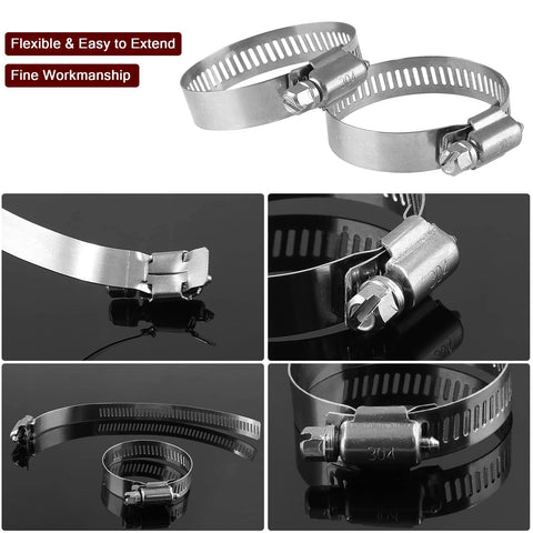 Image of 12 Pack Adjustable Stainless Steel Hose Clamps 27 To 51mm Worm Gear For Auto Repair Plumbing Fuel Lines And Mechanical Projects 1 To 2 Inch Clamp Set Kit on black background, showing clamps in different angles and details.