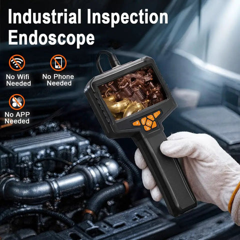 Industrial Borescope Endoscope With 4.3 Inch IPS Screen And 1920P HD Camera, Eight LED Lights, 16.5 Foot Semi Rigid Probe That Snakes Through Tight Spots For Quick Internal Inspections And Real World Diagnostics, handheld in engine bay