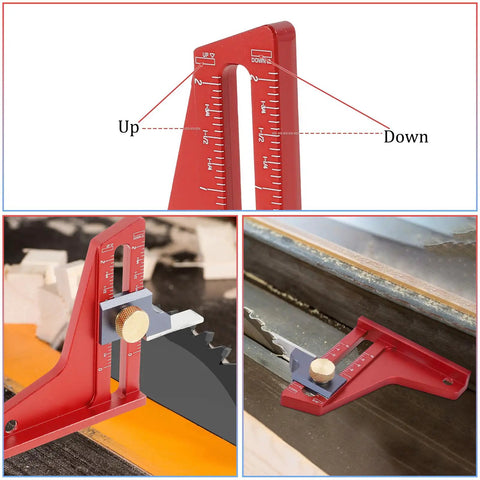 Woodworking Height Gauge With CNC Machined Aluminum Alloy Depth Tool in use on table saw, showing dual scales for precision.