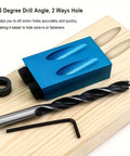Joint Angle Tool And Pocket Hole Jig Set For Pro Level Carpentry, blue 15-degree fixture on wood with drill bit and wrench